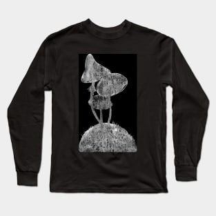 Forest mushrooms and moss at the meadow isolated on black. Simple abstract boho, Scandinavian monochrome ink painting. Design for the print, fabric, poster, wallpaper, cover and packaging, wrapping. Long Sleeve T-Shirt